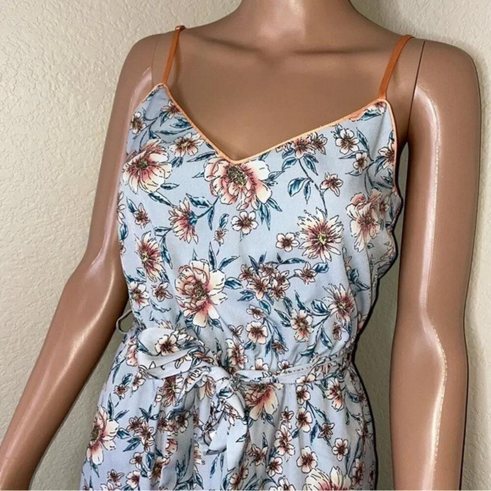 Leith Womens Kelsey Floral Wide Leg Jumpsuit Belt Lined Spring Wedding XXS blue